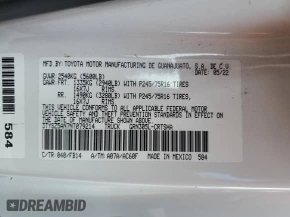 2022 Toyota Tacoma SR z VIN 3TYSZ5AN7NT079214, wystawiony jako Copart lot #56602005 z przebiegiem 78 413 mil mil oraz Szkoda całkowita • Salvage title. Historia ofert i sprzedaży dostępna na DreamBid. Obrazek 12.