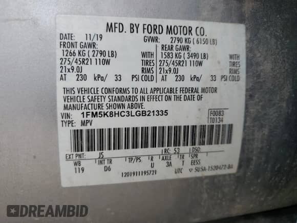 2020 Ford Explorer Platinum с VIN 1FM5K8HC3LGB21335, выставлен на аукционе Copart как лот 61405275 с пробегом 53 908 миль миль и Списание • Salvage title. История ставок и продаж доступна на DreamBid. Изображение 13.