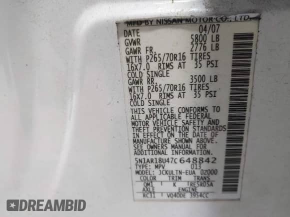 2007 Nissan Pathfinder S with VIN 5N1AR18U47C648842, listed as a IAAI auction lot 42187700 with 199,209 mi miles and . Bid and sale history available at DreamBid. Image 9.