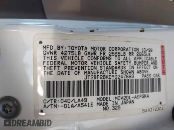 2000 Toyota Camry LE z VIN JT2BF28K0Y0247693, wystawiony jako IAAI lot #43187352 z przebiegiem 222 655 mil mil oraz . Historia ofert i sprzedaży dostępna na DreamBid. Obrazek 9.