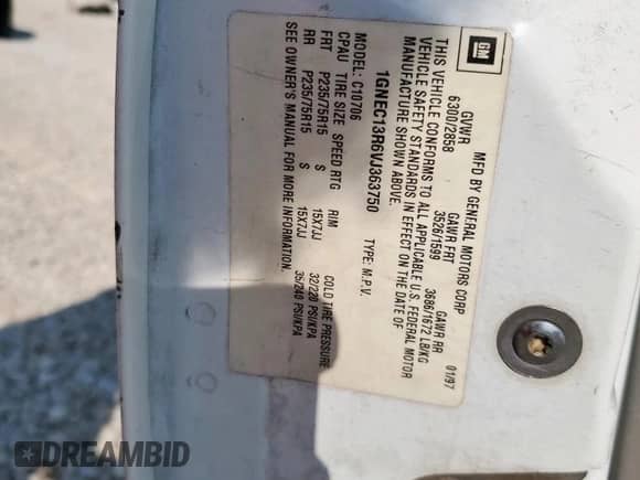 1997 Chevrolet Tahoe Police Special с VIN 1GNEC13R6VJ363750, выставлен на аукционе Copart как лот 70567575 с пробегом 80 745 миль миль и Списание • Salvage title. История ставок и продаж доступна на DreamBid. Изображение 13.