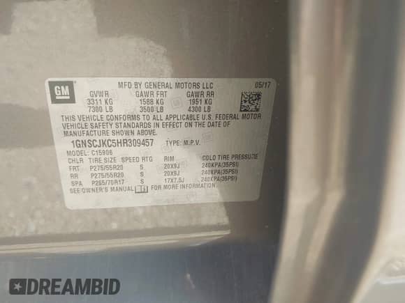 2017 Chevrolet Suburban Premier with VIN 1GNSCJKC5HR309457, listed as a IAAI auction lot 42666197 with 99,932 mi miles and . Bid and sale history available at DreamBid. Image 9.