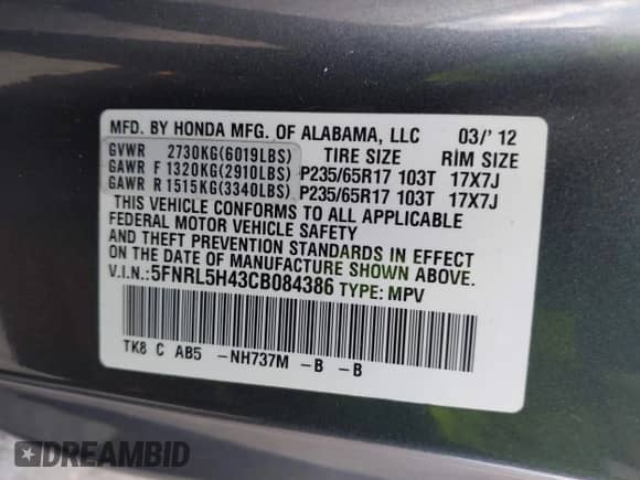 2012 Honda Odyssey EX с VIN 5FNRL5H43CB084386, выставлен на аукционе IAAI как лот 43476066 с пробегом 126 312 миль миль и . История ставок и продаж доступна на DreamBid. Изображение 9.