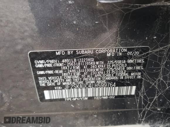 2020 Subaru Forester Limited with VIN JF2SKAUC4LH599764, listed as a Copart auction lot 83855635 with 64,761 mi miles and Salvage title. Bid and sale history available at DreamBid. Image 13.