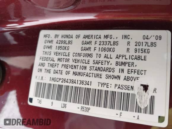 2009 Honda Accord LX-P with VIN 1HGCP26439A136341, listed as a IAAI auction lot 43112974 with Not provided miles and . Bid and sale history available at DreamBid. Image 9.