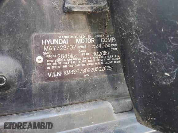 2002 Hyundai Santa Fe GLS с VIN KM8SC73D92U302675, выставлен на аукционе Copart как лот 67773745 с пробегом 229 751 миль миль и Чистый • Clean title. История ставок и продаж доступна на DreamBid. Изображение 13.