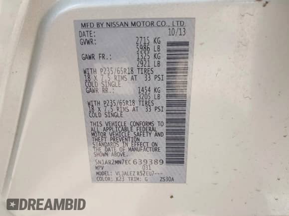 2014 Nissan Pathfinder Platinum с VIN 5N1AR2MN7EC639389, выставлен на аукционе IAAI как лот 42986628 с пробегом 181 606 миль миль и . История ставок и продаж доступна на DreamBid. Изображение 9.