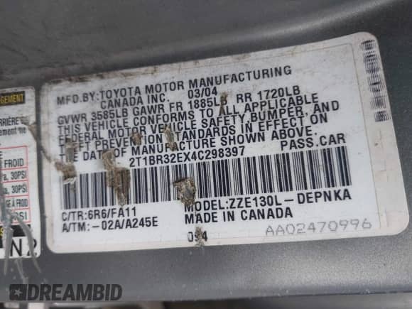 2004 Toyota Corolla CE z VIN 2T1BR32EX4C298397, wystawiony jako IAAI lot #43146829 z przebiegiem 160 310 mil mil oraz . Historia ofert i sprzedaży dostępna na DreamBid. Obrazek 9.