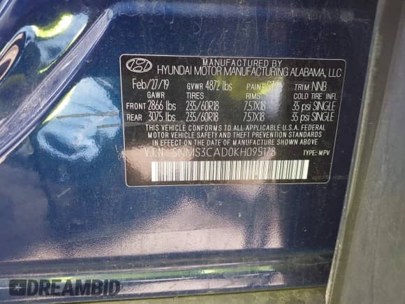 2019 Hyundai Santa Fe SEL with VIN 5NMS3CAD0KH095178, listed as a IAAI auction lot 43132541 with 105,673 mi miles and . Bid and sale history available at DreamBid. Image 9.