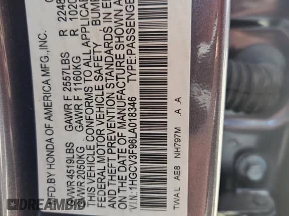 2020 Honda Accord Touring with VIN 1HGCV3F96LA018346, listed as a Copart auction lot 64204485 with 43,881 mi miles and Salvage title. Bid and sale history available at DreamBid. Image 12.