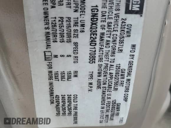 2004 Chevrolet Venture LS с VIN 1GNDX03E24D170855, выставлен на аукционе Copart как лот 75179884 с пробегом 71 858 миль миль и Чистый • Clean title. История ставок и продаж доступна на DreamBid. Изображение 13.
