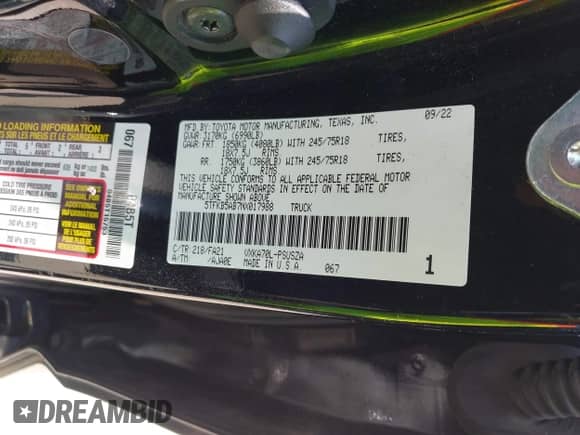 2022 Toyota Tundra SR with VIN 5TFKB5AB7NX017988, listed as a IAAI auction lot 42986871 with 50,437 mi miles and . Bid and sale history available at DreamBid. Image 9.