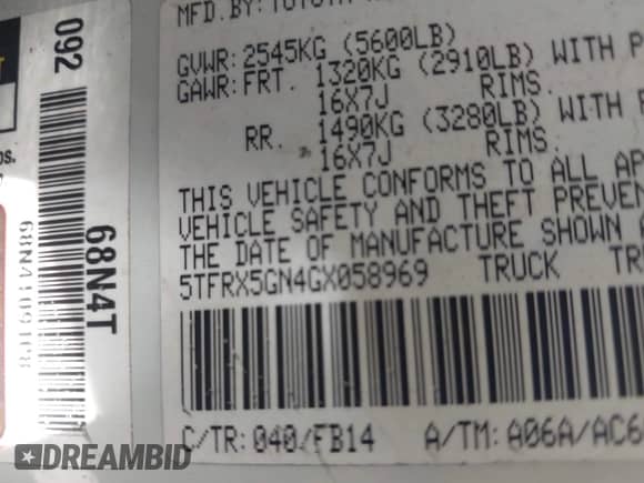 2016 Toyota Tacoma SR with VIN 5TFRX5GN4GX058969, listed as a IAAI auction lot 43590771 with 237,437 mi miles and . Bid and sale history available at DreamBid. Image 9.