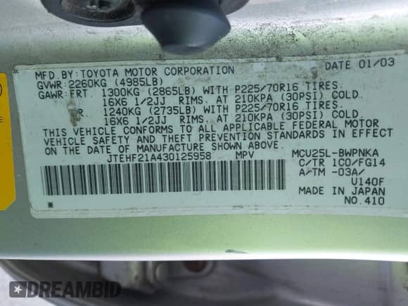 2003 Toyota Highlander с VIN JTEHF21A430125958, выставлен на аукционе IAAI как лот 43148065 с пробегом 184 134 миль миль и . История ставок и продаж доступна на DreamBid. Изображение 9.