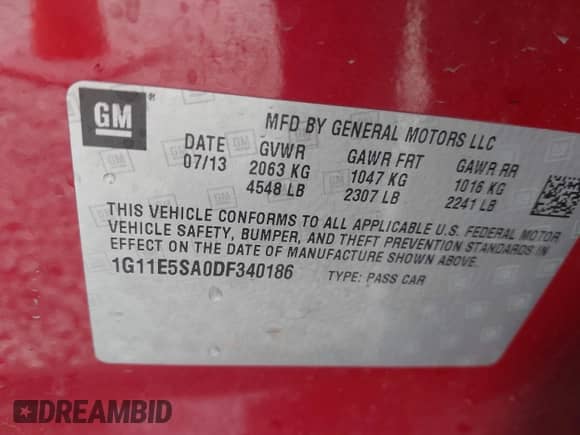 2013 Chevrolet Malibu LT with VIN 1G11E5SA0DF340186, listed as a IAAI auction lot 43463314 with 191,826 mi miles and . Bid and sale history available at DreamBid. Image 9.