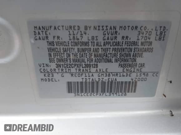 2015 Nissan Note SV z VIN 3N1CE2CPXFL399128, wystawiony jako IAAI lot #42532258 z przebiegiem 68 825 mil mil oraz . Historia ofert i sprzedaży dostępna na DreamBid. Obrazek 9.