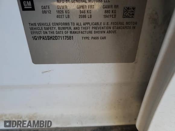 2013 Chevrolet Cruze LS with VIN 1G1PA5SH2D7117581, listed as a Copart auction lot 82533095 with 147,759 mi miles and Clean title. Bid and sale history available at DreamBid. Image 12.