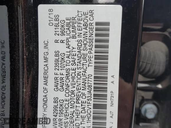 2018 Honda Accord EX-L z VIN 1HGCV1F53JA087770, wystawiony jako Copart lot #85873705 z przebiegiem 110 064 mil mil oraz Szkoda całkowita • Salvage title. Historia ofert i sprzedaży dostępna na DreamBid. Obrazek 12.