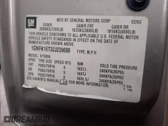 2002 Chevrolet Suburban LT z VIN 1GNFK16T32J239686, wystawiony jako Copart lot #73612184 z przebiegiem Nie podano mil oraz Szkoda całkowita • Salvage title. Historia ofert i sprzedaży dostępna na DreamBid. Obrazek 13.