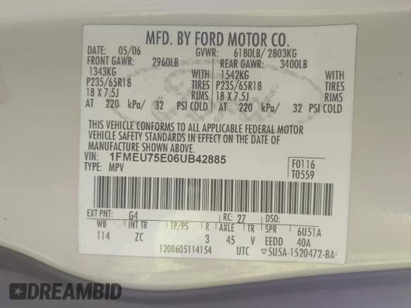 2006 Ford Explorer Limited with VIN 1FMEU75E06UB42885, listed as a IAAI auction lot 41396431 with 282,195 mi miles and . Bid and sale history available at DreamBid. Image 9.