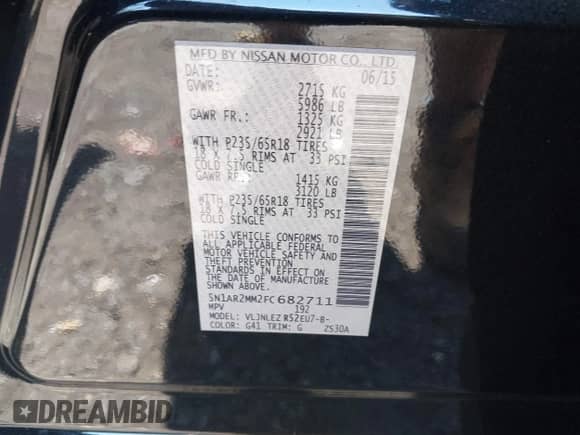 2015 Nissan Pathfinder S with VIN 5N1AR2MM2FC682711, listed as a IAAI auction lot 43208886 with 115,371 mi miles and . Bid and sale history available at DreamBid. Image 9.