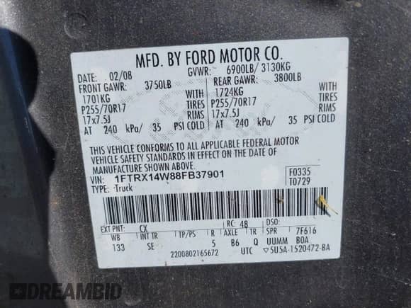 2008 Ford F-150 STX z VIN 1FTRX14W88FB37901, wystawiony jako IAAI lot #43424427 z przebiegiem 198 322 mil mil oraz . Historia ofert i sprzedaży dostępna na DreamBid. Obrazek 9.