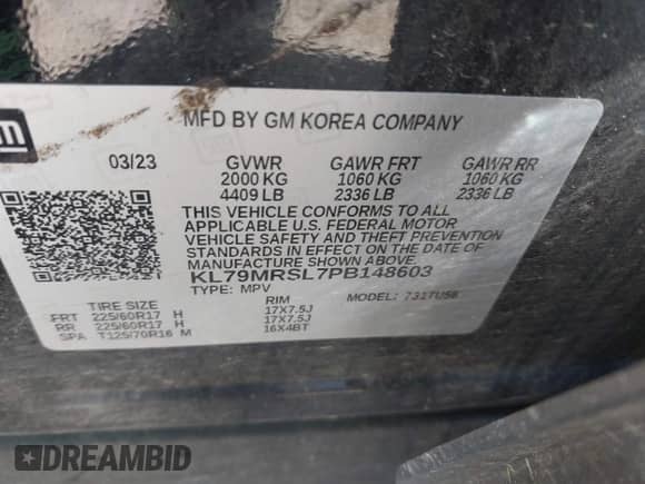 2023 Chevrolet TrailBlazer LT z VIN KL79MRSL7PB148603, wystawiony jako IAAI lot #43203114 z przebiegiem 21 274 mil mil oraz . Historia ofert i sprzedaży dostępna na DreamBid. Obrazek 9.