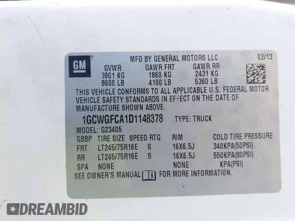 2013 Chevrolet Express Cargo with VIN 1GCWGFCA1D1148378, listed as a IAAI auction lot 42744125 with 141,108 mi miles and . Bid and sale history available at DreamBid. Image 9.
