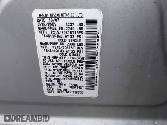 2008 Nissan Rogue SL with VIN JN8AS58T78W004859, listed as a IAAI auction lot 42705365 with 127,765 mi miles and . Bid and sale history available at DreamBid. Image 9.