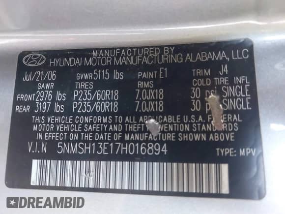 2007 Hyundai Santa Fe SE с VIN 5NMSH13E17H016894, выставлен на аукционе IAAI как лот 43227490 с пробегом 188 285 миль миль и . История ставок и продаж доступна на DreamBid. Изображение 9.
