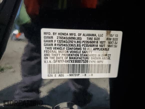 2014 Honda Pilot EX-L with VIN 5FNYF4H7XEB007539, listed as a Copart auction lot 69609485 with 169,384 mi miles and Clean title. Bid and sale history available at DreamBid. Image 14.