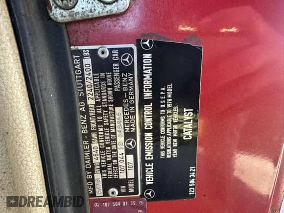 1978 Mercedes-Benz SL с VIN 00010704412048466, выставлен на аукционе Copart как лот 87364445 с пробегом 189 351 миль миль и Чистый • Clean title. История ставок и продаж доступна на DreamBid. Изображение 10.