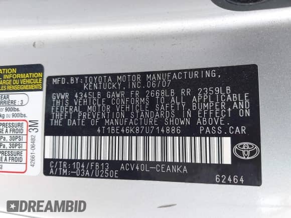 2007 Toyota Camry CE с VIN 4T1BE46K87U714886, выставлен на аукционе IAAI как лот 43261904 с пробегом 171 878 миль миль и . История ставок и продаж доступна на DreamBid. Изображение 9.