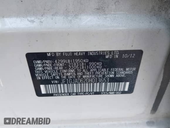 2013 Subaru Impreza Premium with VIN JF1GJAD62DH013653, listed as a IAAI auction lot 42906870 with 125,221 mi miles and . Bid and sale history available at DreamBid. Image 9.