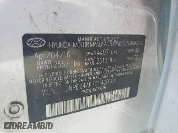 2016 Hyundai Sonata SE с VIN 5NPE24AF7GH420104, выставлен на аукционе Copart как лот 62540805 с пробегом 204 544 миль миль и Списание • Salvage title. История ставок и продаж доступна на DreamBid. Изображение 13.