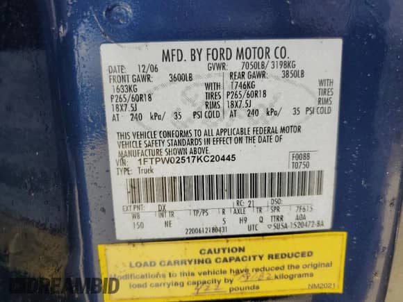 2007 Ford F-150 XLT с VIN 1FTPW02517KC20445, выставлен на аукционе Copart как лот 64769485 с пробегом 155 025 миль миль и Чистый • Clean title. История ставок и продаж доступна на DreamBid. Изображение 12.