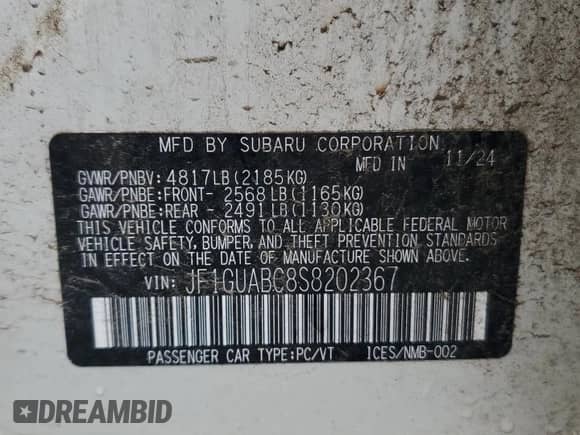 2025 Subaru Impreza с VIN JF1GUABC8S8202367, выставлен на аукционе Copart как лот 62469775 с пробегом 8 034 миль миль и Списание • Salvage title. История ставок и продаж доступна на DreamBid. Изображение 12.