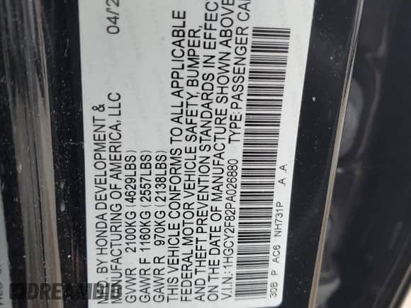 2023 Honda Accord Touring with VIN 1HGCY2F82PA026880, listed as a Copart auction lot 71723775 with 35,457 mi miles and Non repairable. Bid and sale history available at DreamBid. Image 13.