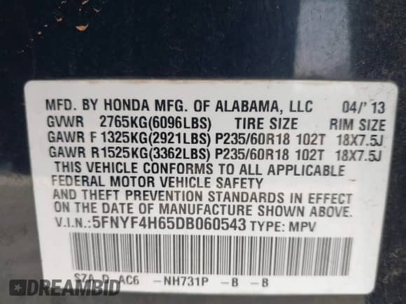 2013 Honda Pilot EX-L with VIN 5FNYF4H65DB060543, listed as a IAAI auction lot 42380911 with 330,452 mi miles and . Bid and sale history available at DreamBid. Image 9.
