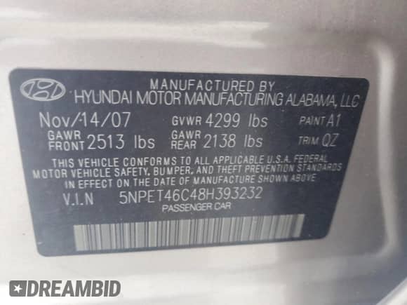 2008 Hyundai Sonata GLS с VIN 5NPET46C48H393232, выставлен на аукционе Copart как лот 72083105 с пробегом 103 199 миль миль и Списание • Salvage title. История ставок и продаж доступна на DreamBid. Изображение 12.