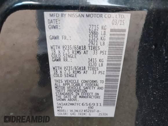 2015 Nissan Pathfinder SL with VIN 5N1AR2MM7FC656931, listed as a IAAI auction lot 42092907 with 156,529 mi miles and . Bid and sale history available at DreamBid. Image 9.