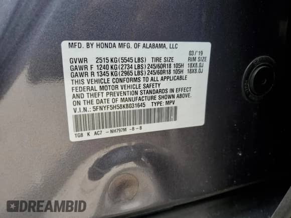 2019 Honda Pilot EX-L z VIN 5FNYF5H58KB031645, wystawiony jako Copart lot #69818455 z przebiegiem 95 819 mil mil oraz Szkoda całkowita • Salvage title. Historia ofert i sprzedaży dostępna na DreamBid. Obrazek 13.
