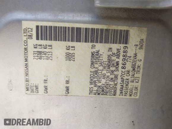 2012 Nissan Maxima SV z VIN 1N4AA5AP7CC869889, wystawiony jako IAAI lot #42902353 z przebiegiem 99 694 mil mil oraz . Historia ofert i sprzedaży dostępna na DreamBid. Obrazek 9.