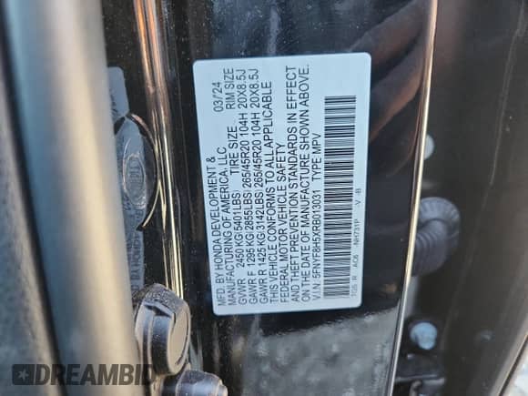 2024 Honda Passport EX-L with VIN 5FNYF8H5XRB013031, listed as a Copart auction lot 67055115 with 11,363 mi miles and Salvage title. Bid and sale history available at DreamBid. Image 13.