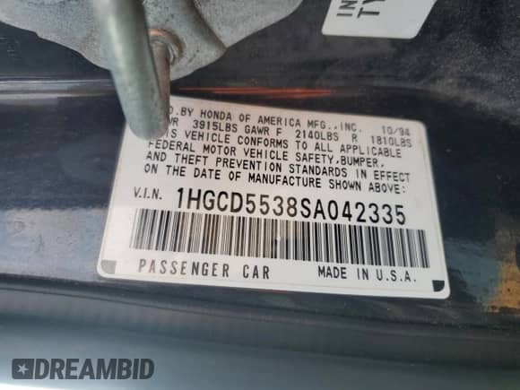 1995 Honda Accord LX z VIN 1HGCD5538SA042335, wystawiony jako Copart lot #65115405 z przebiegiem 272 051 mil mil oraz Szkoda całkowita • Salvage title. Historia ofert i sprzedaży dostępna na DreamBid. Obrazek 12.