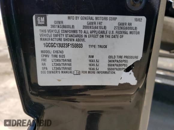2003 Chevrolet Silverado 1500HD LS с VIN 1GCGC13U23F150803, выставлен на аукционе Copart как лот 68708925 с пробегом Не указан миль и Списание • Salvage title. История ставок и продаж доступна на DreamBid. Изображение 12.