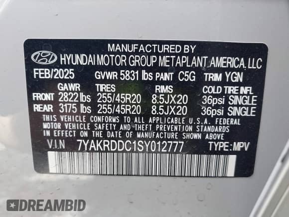 2025 Hyundai Ioniq 5 с VIN 7YAKRDDC1SY012777, выставлен на аукционе IAAI как лот 42581235 с пробегом 1 988 миль миль и . История ставок и продаж доступна на DreamBid. Изображение 9.