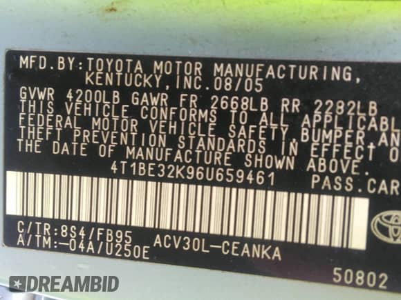 2006 Toyota Camry LE with VIN 4T1BE32K96U659461, listed as a IAAI auction lot 41971269 with 220,969 mi miles and . Bid and sale history available at DreamBid. Image 9.
