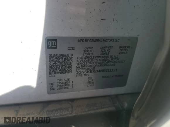 2022 Chevrolet Suburban LS z VIN 1GNSKBKD4NR211131, wystawiony jako Copart lot #46851175 z przebiegiem 47 808 mil mil oraz Szkoda całkowita • Salvage title. Historia ofert i sprzedaży dostępna na DreamBid. Obrazek 15.