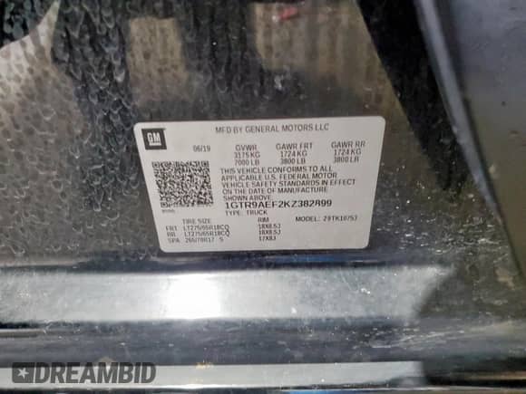 2019 GMC Sierra 1500 with VIN 1GTR9AEF2KZ382899, listed as a Copart auction lot 58992175 with 97,250 mi miles and Salvage title. Bid and sale history available at DreamBid. Image 12.